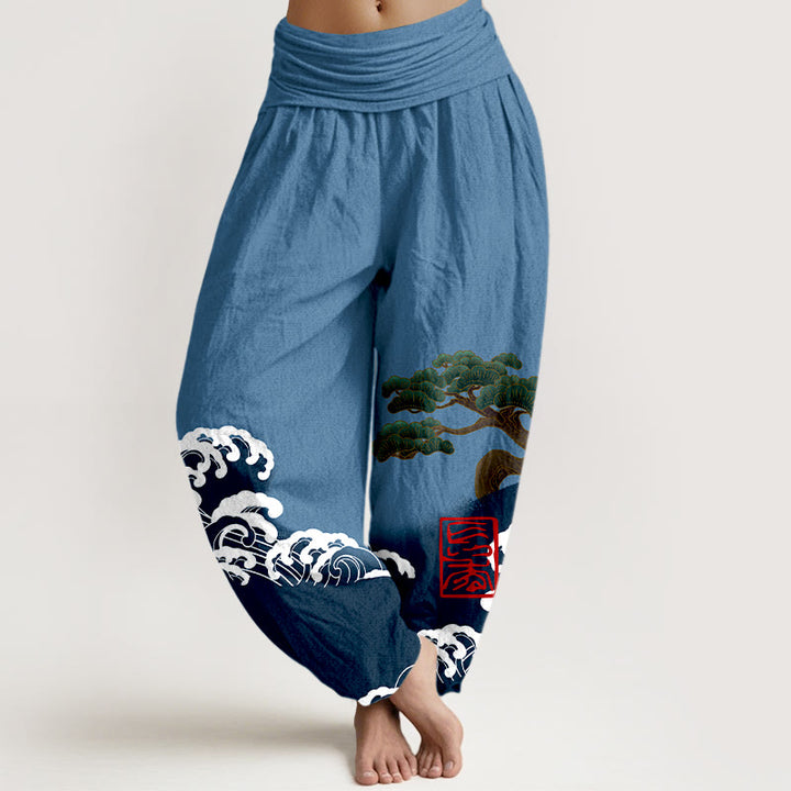 Haremshose aus reiner Baumwolle mit Buddha Stones -Print und Kiefernbaum-Muster mit rollenden Wellen für Damen mit elastischer Taille - Stahlblau - US16， UK/AU20，EU48 (3XL) - image 5