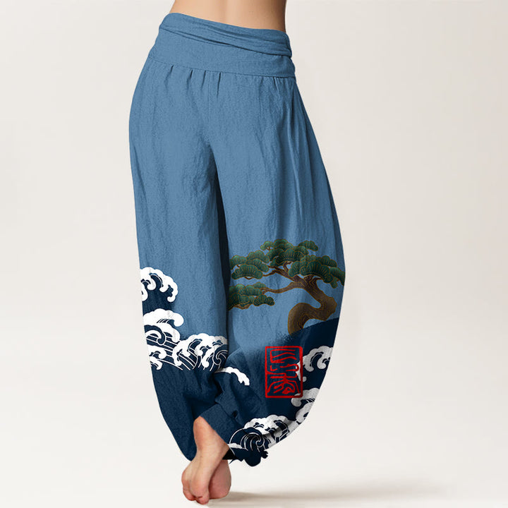 Haremshose aus reiner Baumwolle mit Buddha Stones -Print und Kiefernbaum-Muster mit rollenden Wellen für Damen mit elastischer Taille - image 7