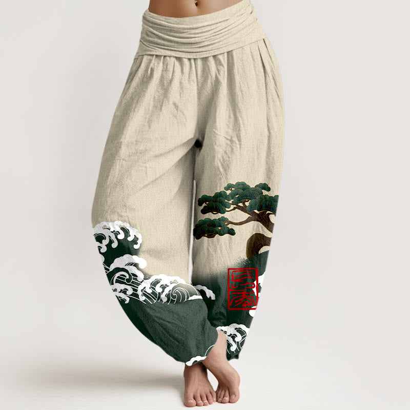 Haremshose aus reiner Baumwolle mit Buddha Stones -Print und Kiefernbaum-Muster mit rollenden Wellen für Damen mit elastischer Taille - Beige - US16, UK/AU20, EU48 (3XL) - image 8