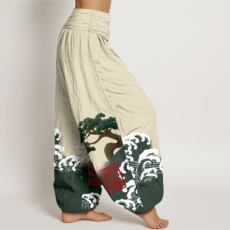 Haremshose aus reiner Baumwolle mit Buddha Stones -Print und Kiefernbaum-Muster mit rollenden Wellen für Damen mit elastischer Taille - image 9