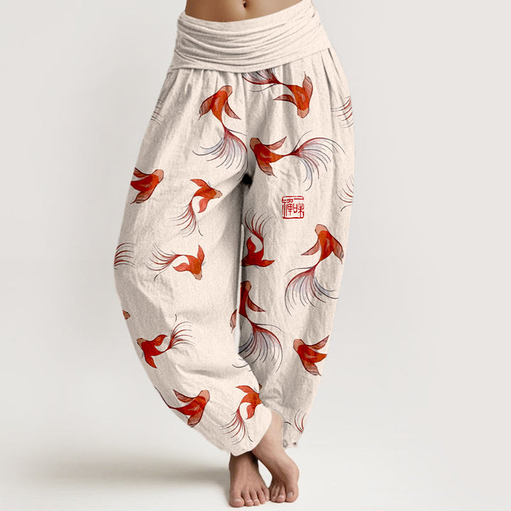 Haremshose aus reiner Baumwolle mit Buddha Stones -Print und Koi-Fisch-Muster für Damen mit elastischer Taille - Papaya-Sahne - US16, UK/AU20, EU48 (3XL) - image 0