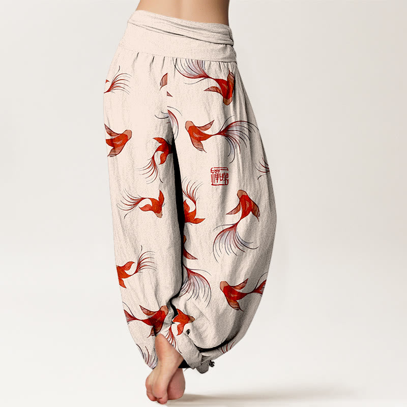 Haremshose aus reiner Baumwolle mit Buddha Stones -Print und Koi-Fisch-Muster für Damen mit elastischer Taille - image 2