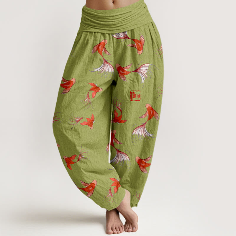Haremshose aus reiner Baumwolle mit Buddha Stones -Print und Koi-Fisch-Muster für Damen mit elastischer Taille - GelbGrün - US16， UK/AU20，EU48 (3XL) - image 5