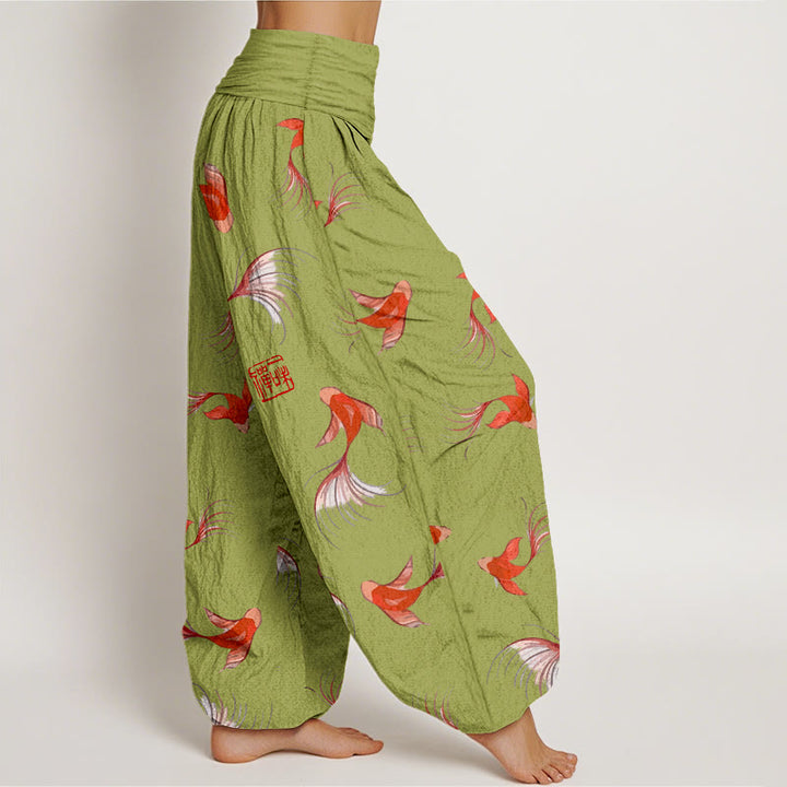 Haremshose aus reiner Baumwolle mit Buddha Stones -Print und Koi-Fisch-Muster für Damen mit elastischer Taille - image 6