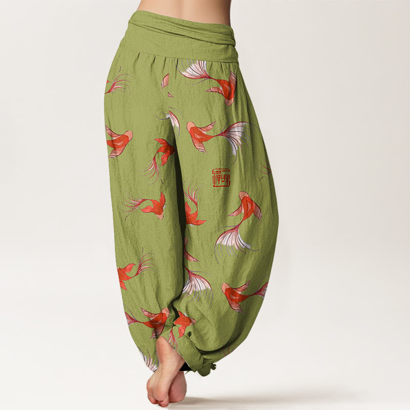 Haremshose aus reiner Baumwolle mit Buddha Stones -Print und Koi-Fisch-Muster für Damen mit elastischer Taille - image 7