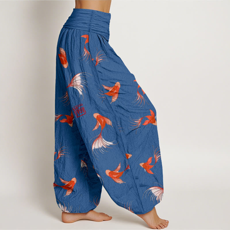 Haremshose aus reiner Baumwolle mit Buddha Stones -Print und Koi-Fisch-Muster für Damen mit elastischer Taille - image 9