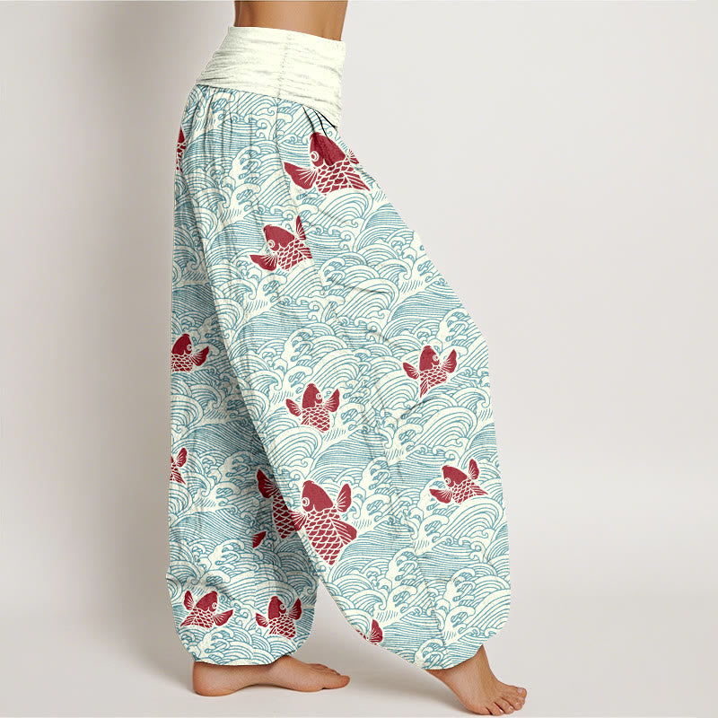 Buddha Stones -Druck, Koi-Fische, Wellen-Muster, Haremshose aus reiner Baumwolle für Damen mit elastischer Taille - image 1