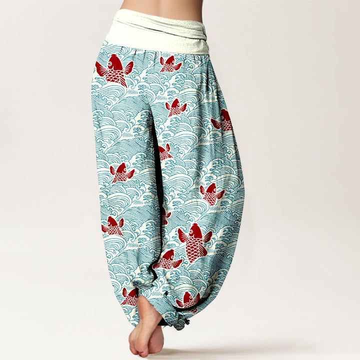 Buddha Stones -Druck, Koi-Fische, Wellen-Muster, Haremshose aus reiner Baumwolle für Damen mit elastischer Taille - image 2