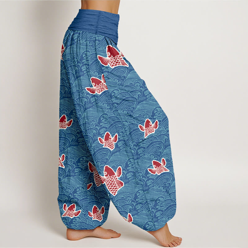 Buddha Stones -Druck, Koi-Fische, Wellen-Muster, Haremshose aus reiner Baumwolle für Damen mit elastischer Taille - image 6