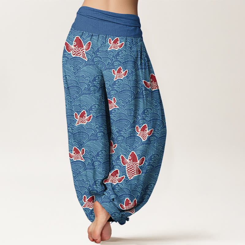 Buddha Stones -Druck, Koi-Fische, Wellen-Muster, Haremshose aus reiner Baumwolle für Damen mit elastischer Taille - image 7