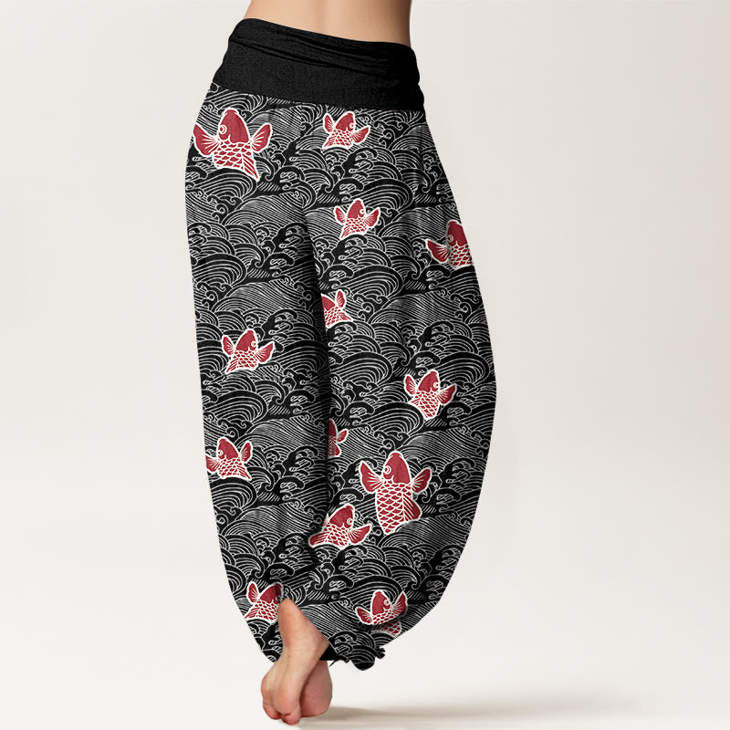 Buddha Stones -Druck, Koi-Fische, Wellen-Muster, Haremshose aus reiner Baumwolle für Damen mit elastischer Taille - image 10