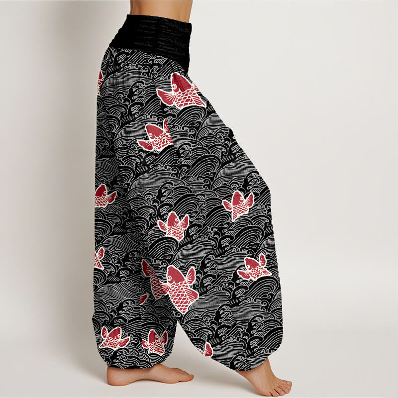 Buddha Stones -Druck, Koi-Fische, Wellen-Muster, Haremshose aus reiner Baumwolle für Damen mit elastischer Taille - image 9