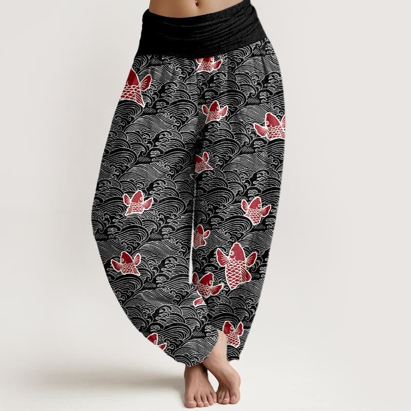Buddha Stones -Druck, Koi-Fische, Wellen-Muster, Haremshose aus reiner Baumwolle für Damen mit elastischer Taille - Schwarz - US16， UK/AU20，EU48 (3XL) - image 8