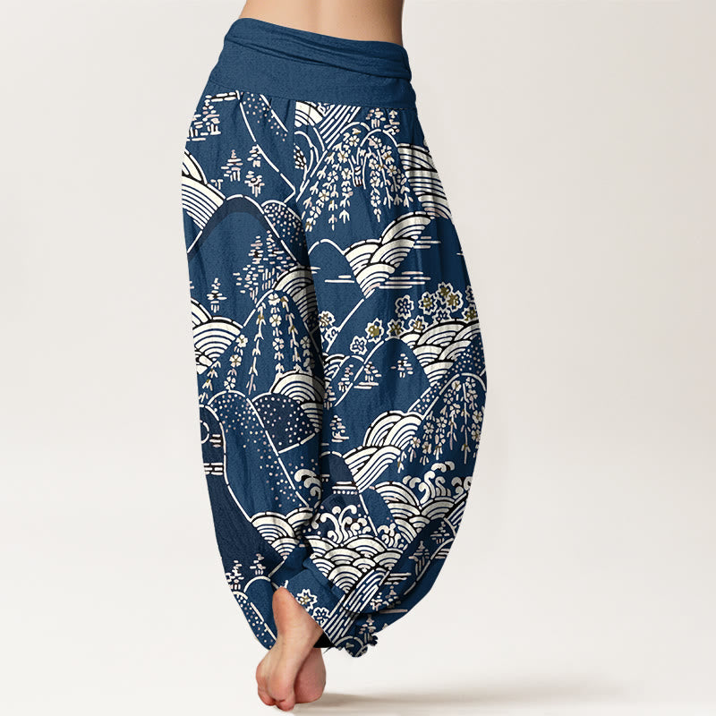 Buddha Stones ​​bedruckt, Berge, Wellen, Blumenmuster, Damen-Haremshose aus reiner Baumwolle mit elastischer Taille - image 2