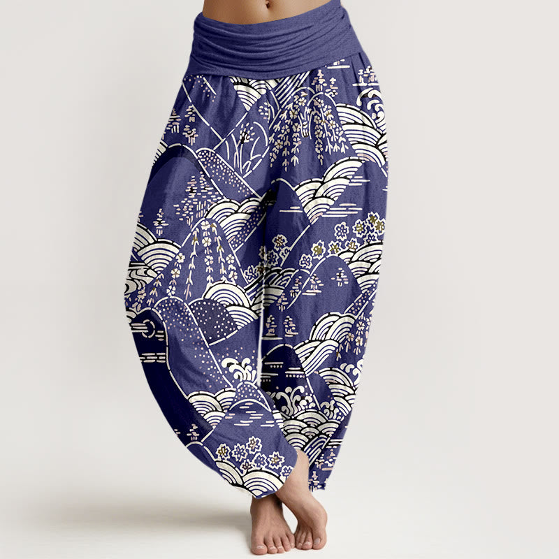 Buddha Stones ​​bedruckt, Berge, Wellen, Blumenmuster, Damen-Haremshose aus reiner Baumwolle mit elastischer Taille - Indigo - US16, UK/AU20, EU48 (3XL) - image 5