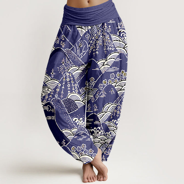 Buddha Stones ​​bedruckt, Berge, Wellen, Blumenmuster, Damen-Haremshose aus reiner Baumwolle mit elastischer Taille - Indigo - US16, UK/AU20, EU48 (3XL) - image 5