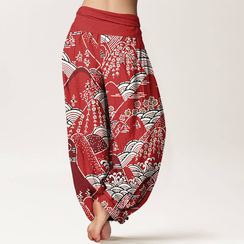 Buddha Stones ​​bedruckt, Berge, Wellen, Blumenmuster, Damen-Haremshose aus reiner Baumwolle mit elastischer Taille - image 10