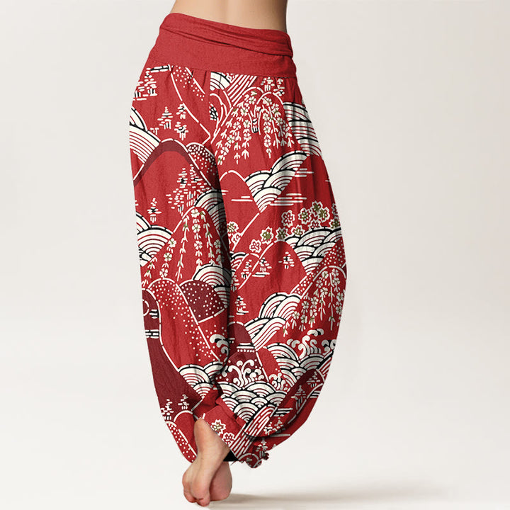 Buddha Stones ​​bedruckt, Berge, Wellen, Blumenmuster, Damen-Haremshose aus reiner Baumwolle mit elastischer Taille - image 10