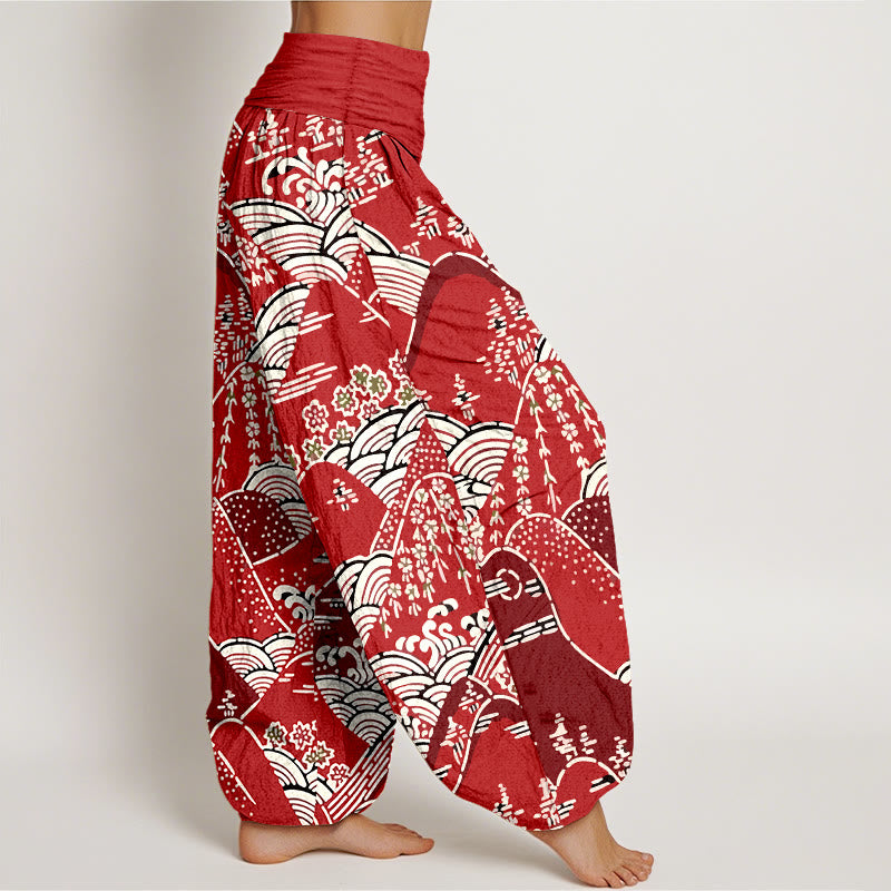 Buddha Stones ​​bedruckt, Berge, Wellen, Blumenmuster, Damen-Haremshose aus reiner Baumwolle mit elastischer Taille - image 9