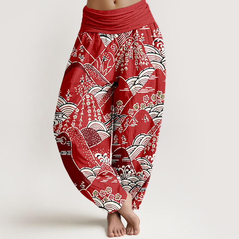 Buddha Stones ​​bedruckt, Berge, Wellen, Blumenmuster, Damen-Haremshose aus reiner Baumwolle mit elastischer Taille - Purpurrot - US16, UK/AU20, EU48 (3XL) - image 8