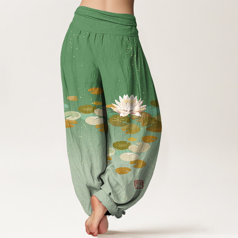 Haremshose aus reiner Baumwolle mit Buddha Stones -Aufdruck und weißem Lotusblatt-Muster für Damen mit elastischer Taille - image 2
