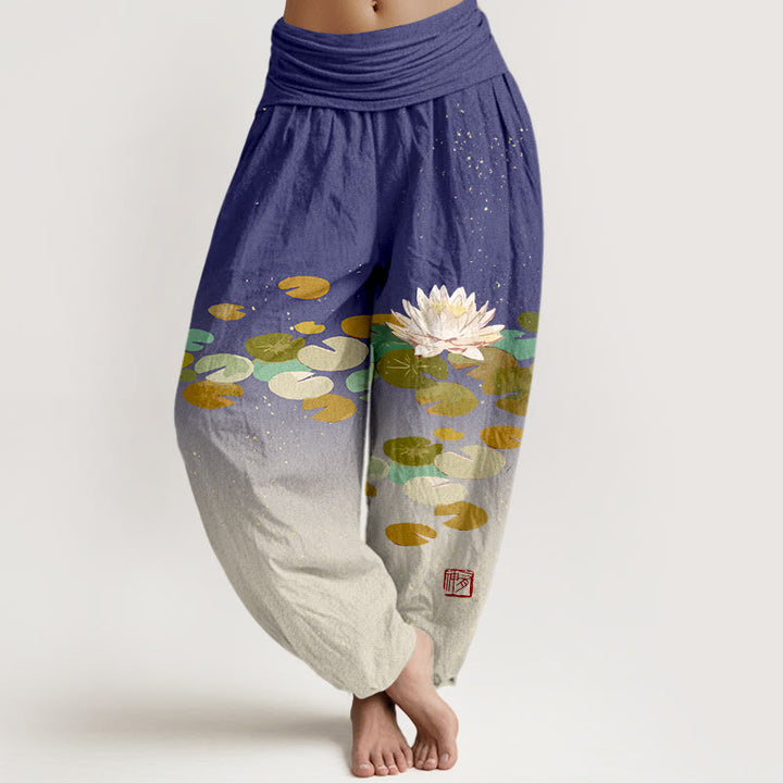 Haremshose aus reiner Baumwolle mit Buddha Stones -Aufdruck und weißem Lotusblatt-Muster für Damen mit elastischer Taille - Dunkelviolett - US16， UK/AU20，EU48 (3XL) - image 5