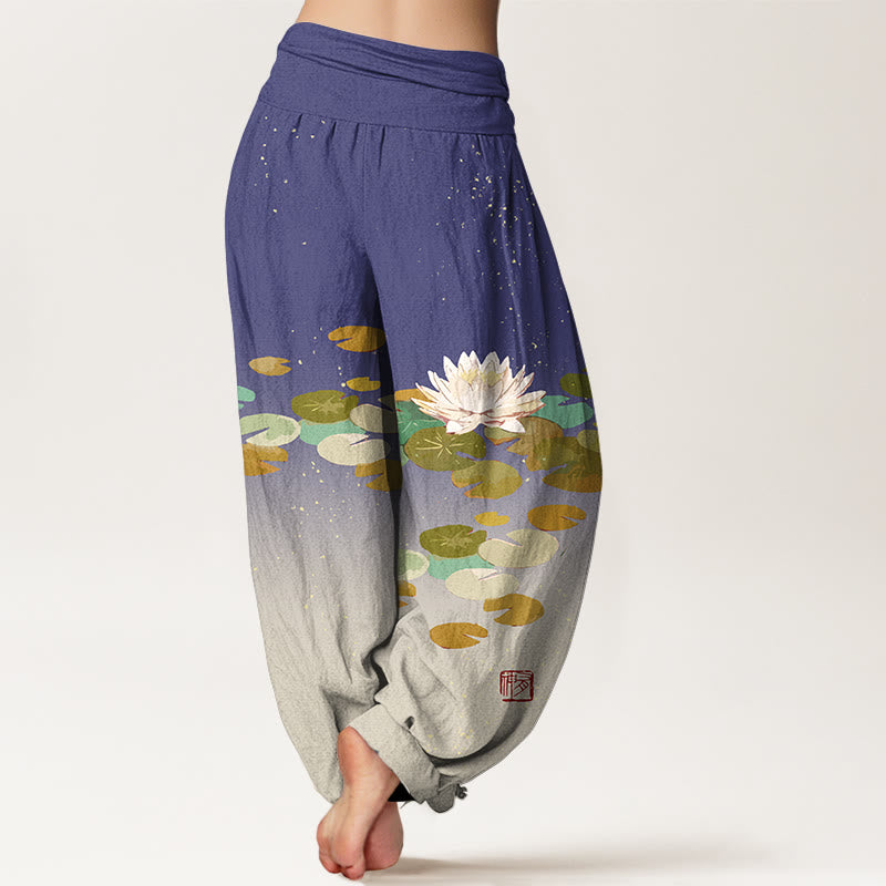 Haremshose aus reiner Baumwolle mit Buddha Stones -Aufdruck und weißem Lotusblatt-Muster für Damen mit elastischer Taille - image 7