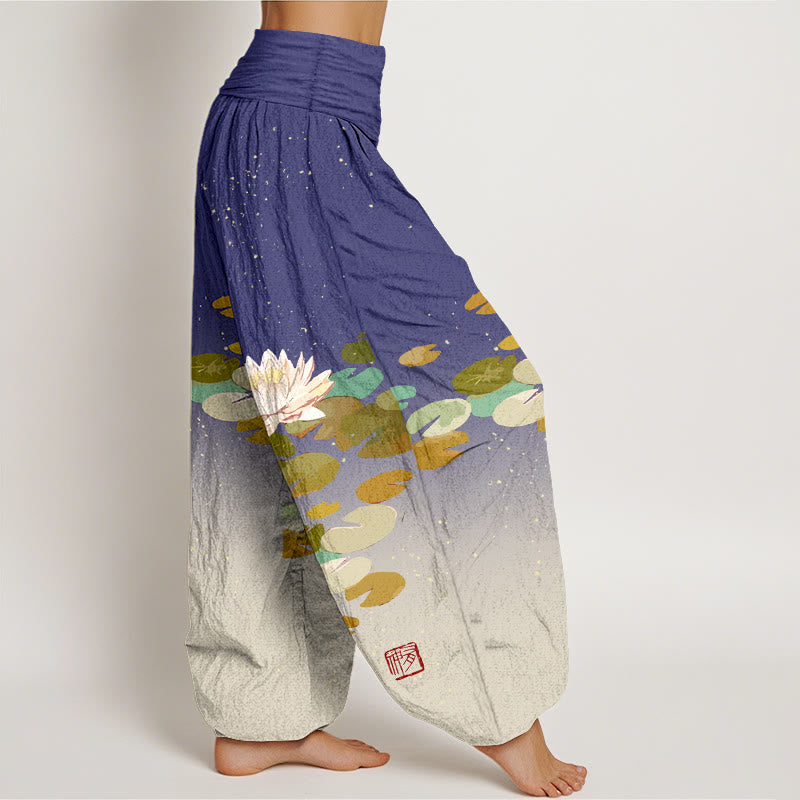 Haremshose aus reiner Baumwolle mit Buddha Stones -Aufdruck und weißem Lotusblatt-Muster für Damen mit elastischer Taille - image 6
