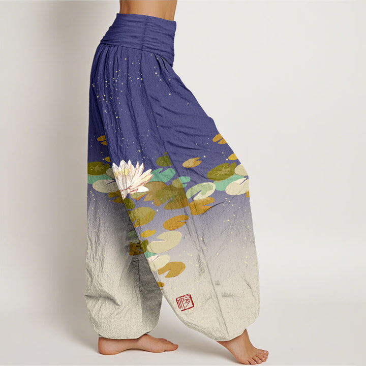 Haremshose aus reiner Baumwolle mit Buddha Stones -Aufdruck und weißem Lotusblatt-Muster für Damen mit elastischer Taille - image 6