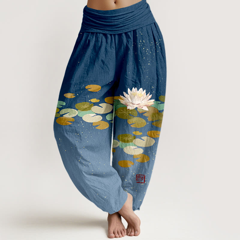Haremshose aus reiner Baumwolle mit Buddha Stones -Aufdruck und weißem Lotusblatt-Muster für Damen mit elastischer Taille - Dunkelblau - US16， UK/AU20，EU48 (3XL) - image 8