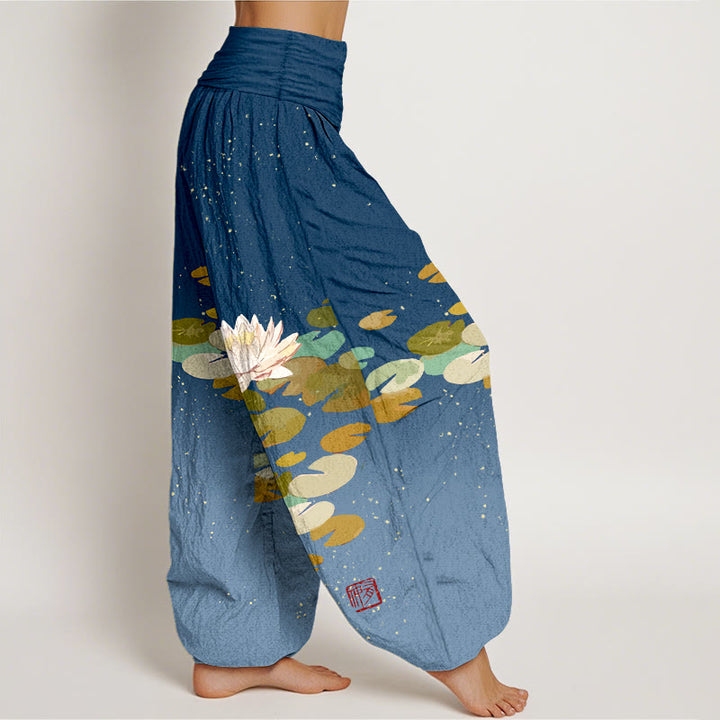 Haremshose aus reiner Baumwolle mit Buddha Stones -Aufdruck und weißem Lotusblatt-Muster für Damen mit elastischer Taille - image 9