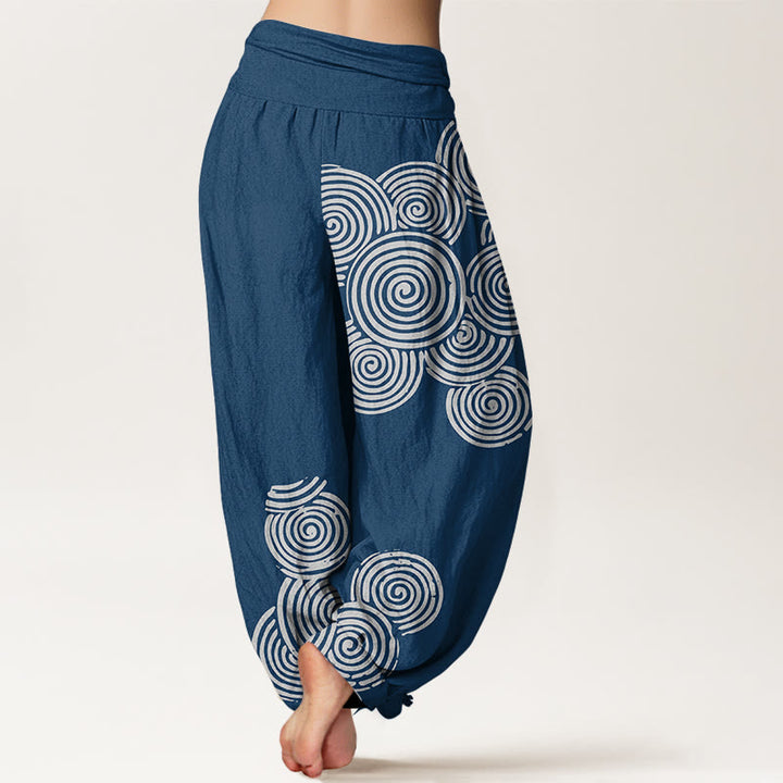 Haremshose aus reiner Baumwolle mit Buddha Stones -Aufdruck in Weiß mit Spiralmuster für Damen, elastische Taille - image 2