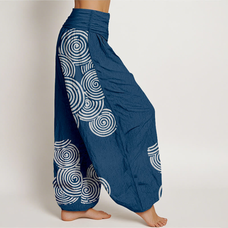 Haremshose aus reiner Baumwolle mit Buddha Stones -Aufdruck in Weiß mit Spiralmuster für Damen, elastische Taille - image 1