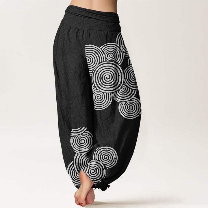 Haremshose aus reiner Baumwolle mit Buddha Stones -Aufdruck in Weiß mit Spiralmuster für Damen, elastische Taille - image 7