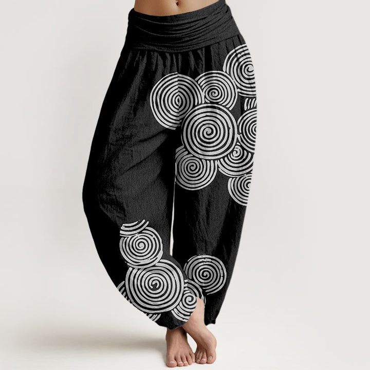 Haremshose aus reiner Baumwolle mit Buddha Stones -Aufdruck in Weiß mit Spiralmuster für Damen, elastische Taille - Schwarz - US16, UK/AU20, EU48 (3XL) - image 5
