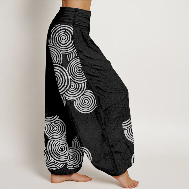 Haremshose aus reiner Baumwolle mit Buddha Stones -Aufdruck in Weiß mit Spiralmuster für Damen, elastische Taille - image 6