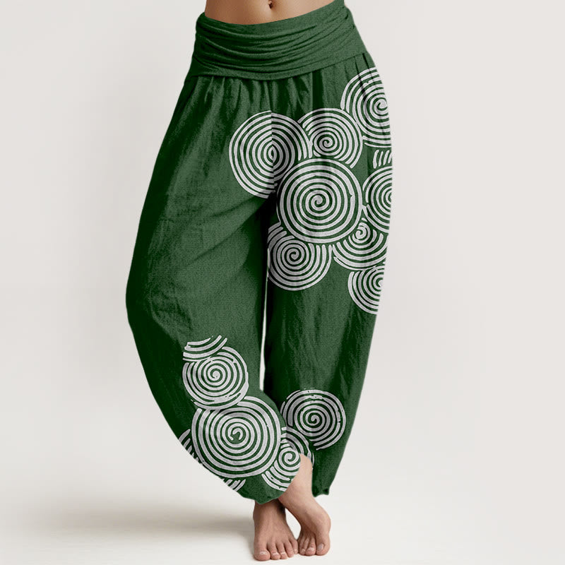 Haremshose aus reiner Baumwolle mit Buddha Stones -Aufdruck in Weiß mit Spiralmuster für Damen, elastische Taille - Dunkelgrün - US16， UK/AU20，EU48 (3XL) - image 8