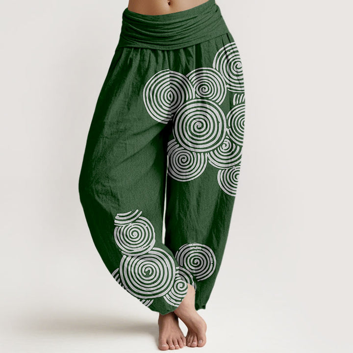 Haremshose aus reiner Baumwolle mit Buddha Stones -Aufdruck in Weiß mit Spiralmuster für Damen, elastische Taille - Dunkelgrün - US16， UK/AU20，EU48 (3XL) - image 8