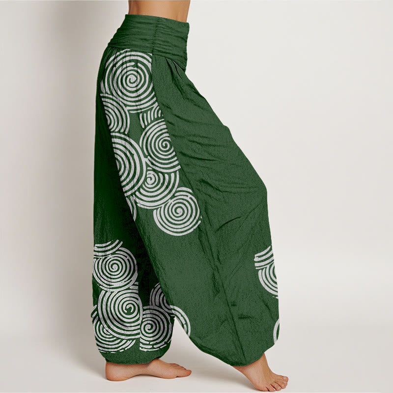 Haremshose aus reiner Baumwolle mit Buddha Stones -Aufdruck in Weiß mit Spiralmuster für Damen, elastische Taille - image 9