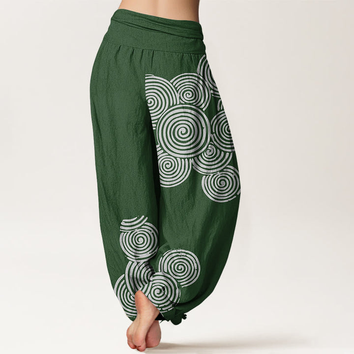 Haremshose aus reiner Baumwolle mit Buddha Stones -Aufdruck in Weiß mit Spiralmuster für Damen, elastische Taille - image 10
