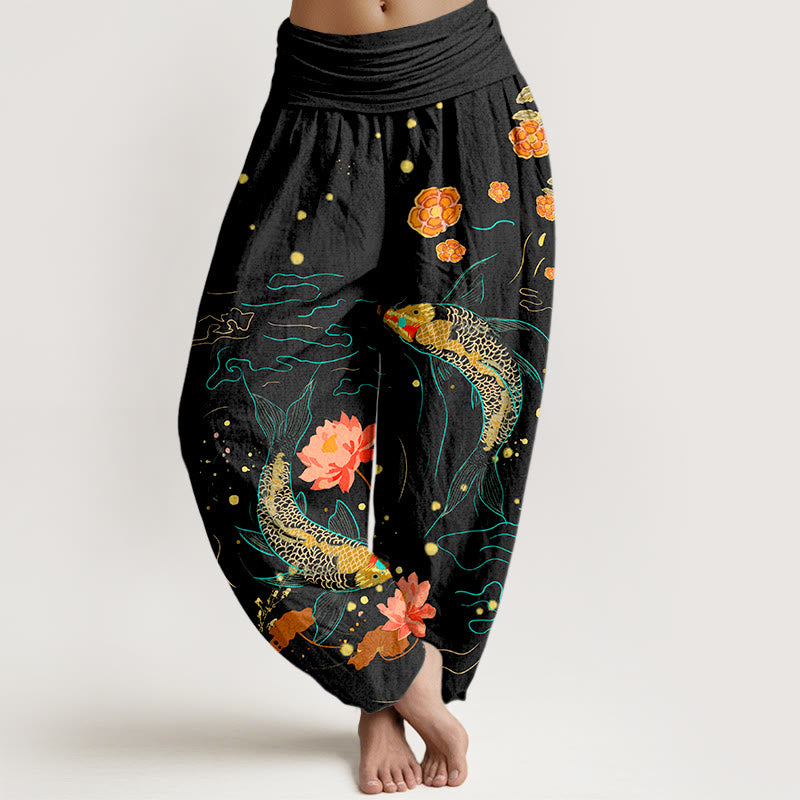 Buddha Stones Koi Fish Lotus Pattern Damen Haremshose mit elastischer Taille aus reiner Baumwolle - Schwarz - US16, UK/AU20, EU48 (3XL) - image 0