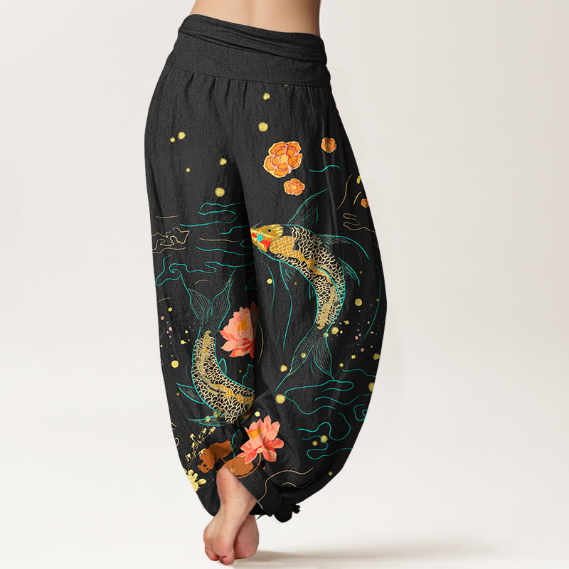 Buddha Stones Koi Fish Lotus Pattern Damen Haremshose mit elastischer Taille aus reiner Baumwolle - image 2