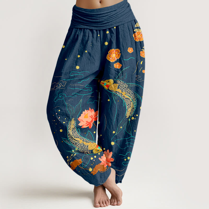 Buddha Stones Koi Fish Lotus Pattern Damen Haremshose mit elastischer Taille aus reiner Baumwolle - Dunkelblau - US16， UK/AU20，EU48 (3XL) - image 5
