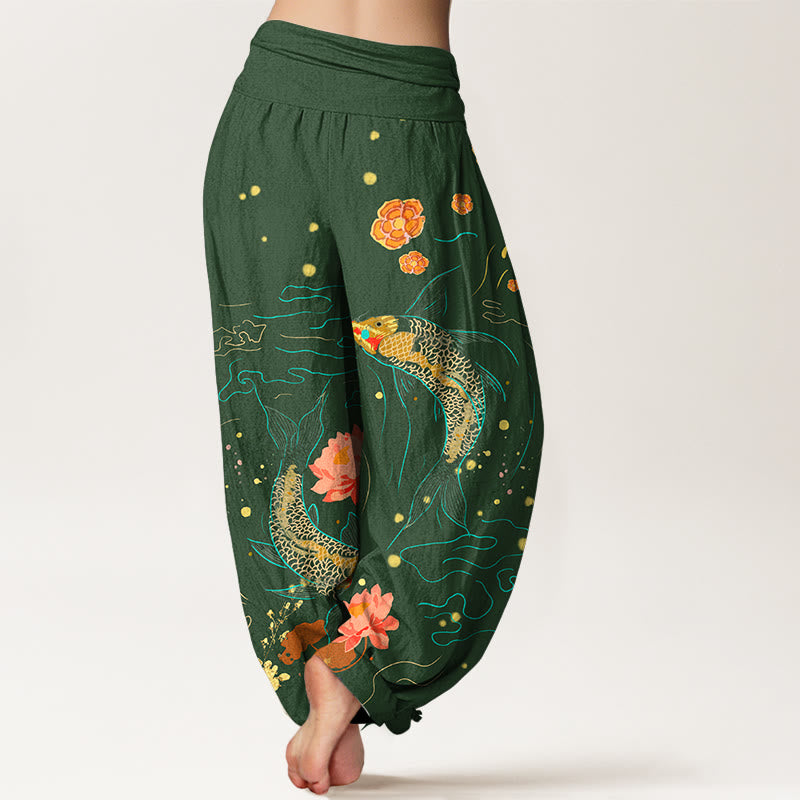 Buddha Stones Koi Fish Lotus Pattern Damen Haremshose mit elastischer Taille aus reiner Baumwolle - image 10