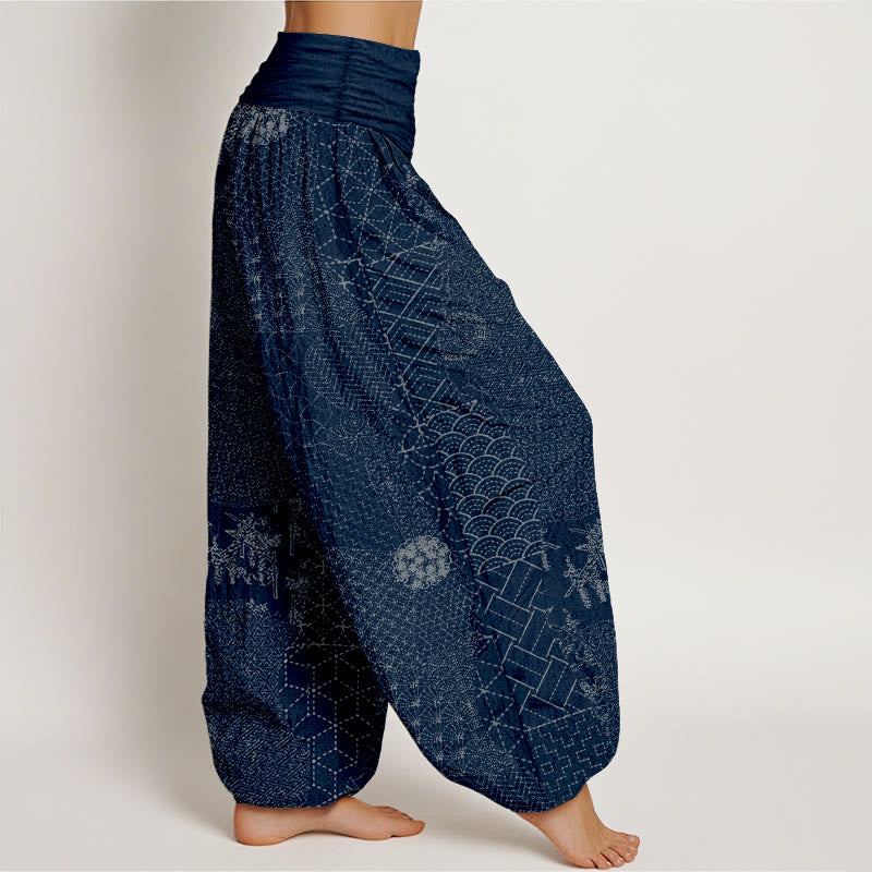 Buddha Stones Geometrisches Muster Damen Haremshose mit elastischer Taille aus reiner Baumwolle mit Aufdruck - image 1