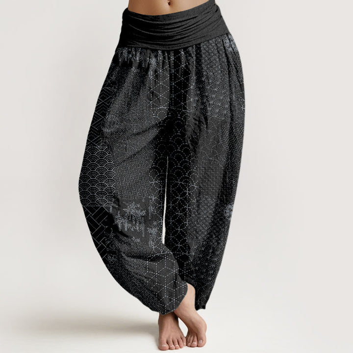 Buddha Stones Geometrisches Muster Damen Haremshose mit elastischer Taille aus reiner Baumwolle mit Aufdruck - Schwarz - US16， UK/AU20，EU48 (3XL) - image 8