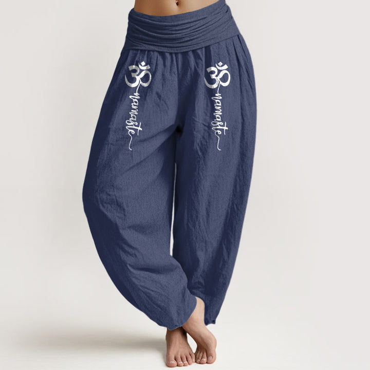 Buddha Stones Namaste Om Muster Damen Haremshose aus reiner Baumwolle mit elastischem Bund - Dunkelblau - US16, UK/AU20, EU48 (3XL) - image 0