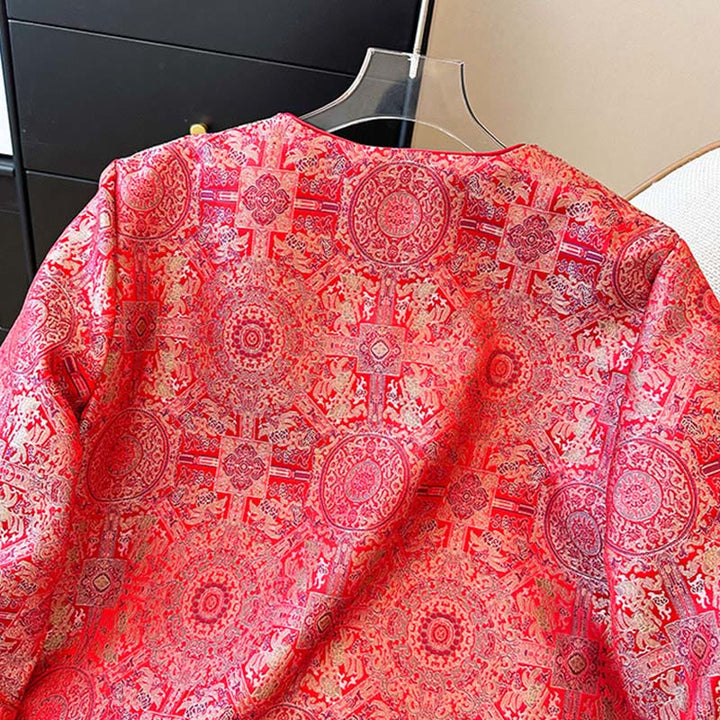 Buddha Stones Damen-Jacke mit Jacquard-Muster, symmetrischem Blumenmuster, langen Ärmeln und Taschen - image 4