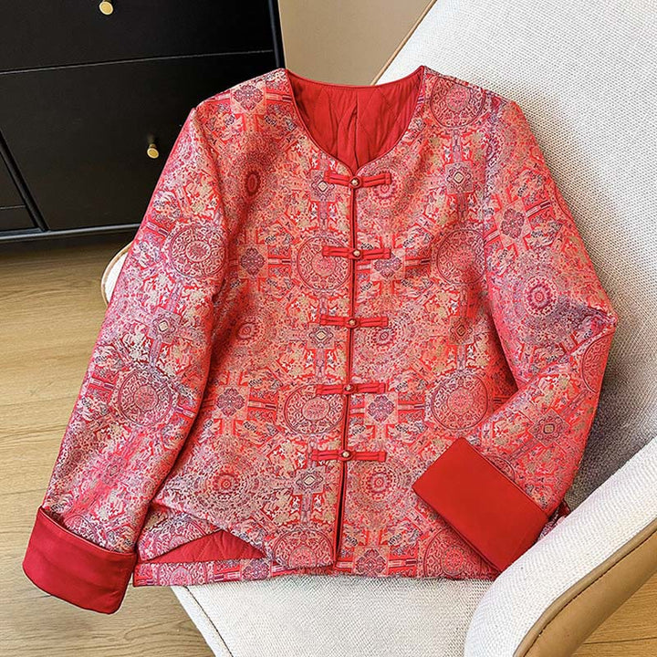 Buddha Stones Damen-Jacke mit Jacquard-Muster, symmetrischem Blumenmuster, langen Ärmeln und Taschen - image 1