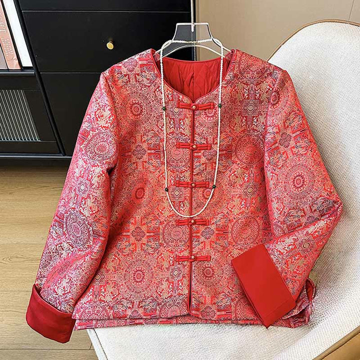 Buddha Stones Damen-Jacke mit Jacquard-Muster, symmetrischem Blumenmuster, langen Ärmeln und Taschen - Rot - US 8-10, UK/AU 12-14, EU 40-42 (2XL) - image 0